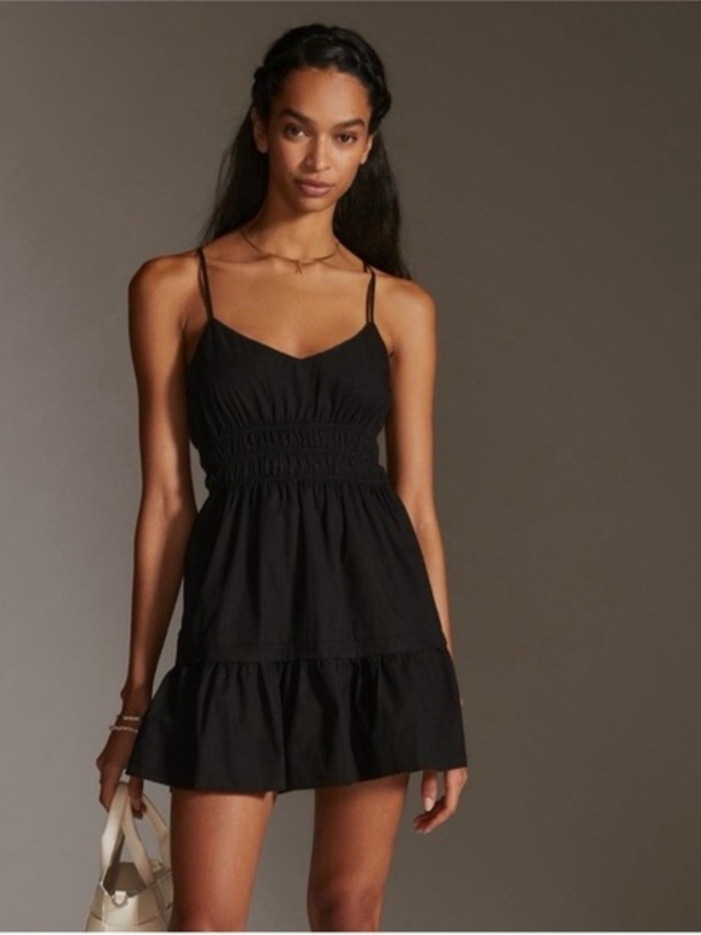 Anthropologie Black Smocked Waist Mini tiered Dress